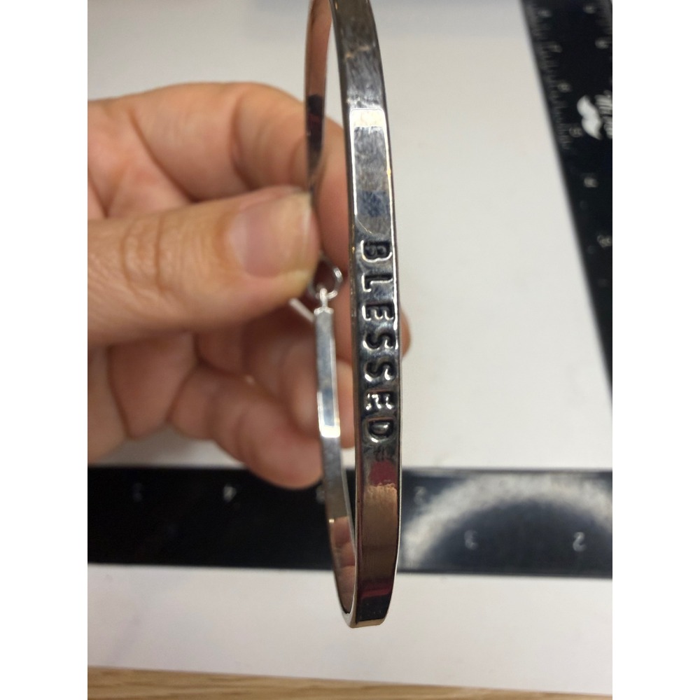 Silver Tone Blessed Engraved Hook and Eye Bangle Bracelet Minimalist Jewelry